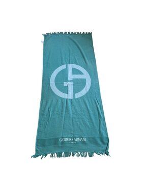 Giorgio Armani Green Cotton Beach Towel With Logo Design & Fringe Hem